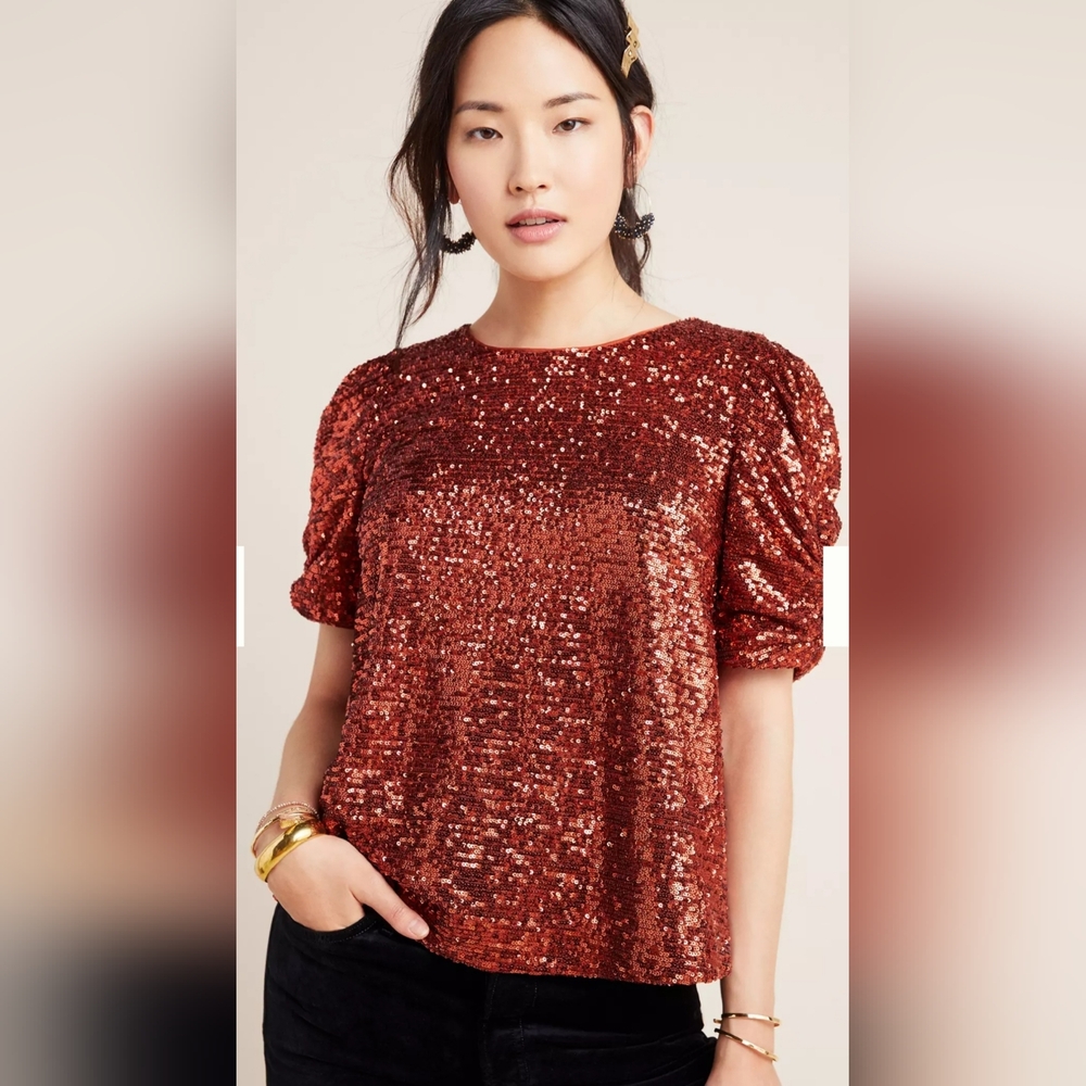 Anthropologie Burnt Orange Sequin Blouse With Puff Sleeves Size 2 - Picture 8 of 8